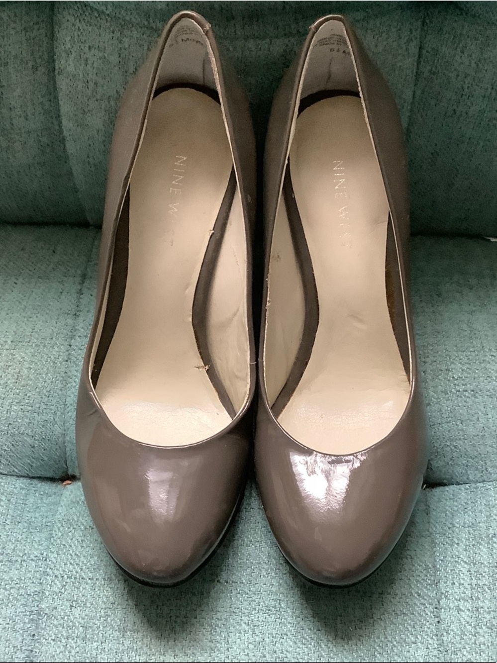 Nine West Taupe Patent Round-Toe Pumps